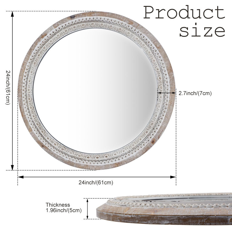 Ophelia & Co. Round Wall Mirror, Wooden Frame Farmhouse Mirror With